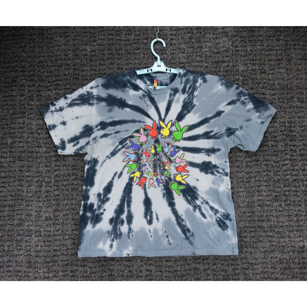 Playboy T-Shirt Mens Large Gray Tie Dye Bunny Logo Graphic Print Official Merch